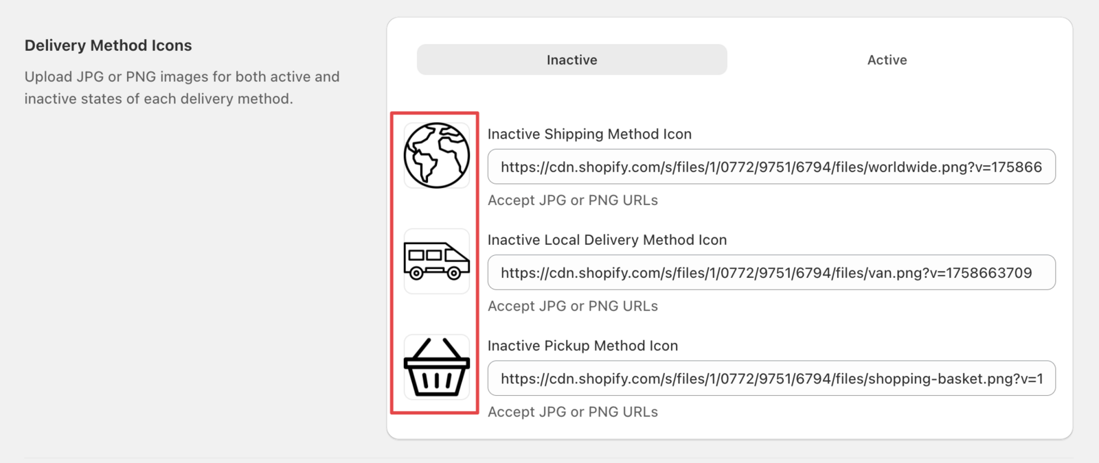 Paste the hosted URLS and a preview of the icon will be visible