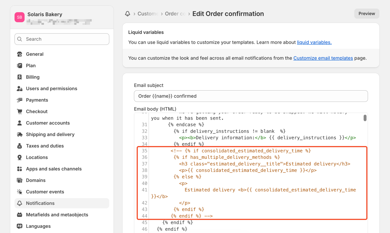 Highlighting the Commented HTML code for the Estimated Delivery Date