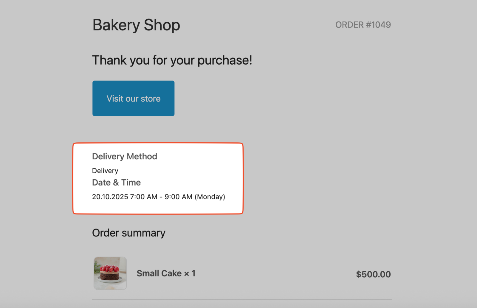 Displays a completed POS receipt showing the delivery information properly formatted with delivery details