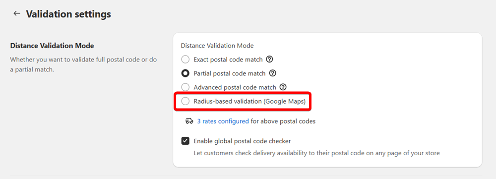 Displays the radius-based validation section with the radio button highlighted to show users exactly where to click