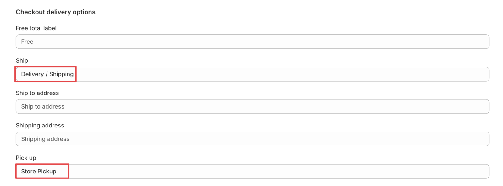 Shows the form where you can modify the shipping labels and other checkout text fields