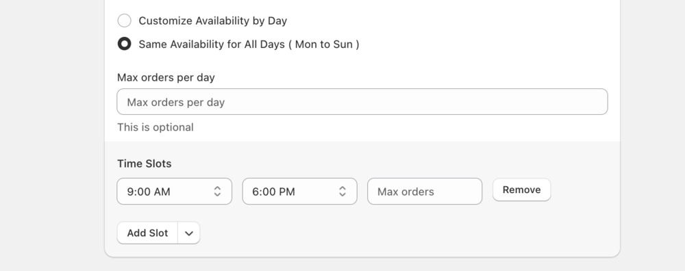 Shows global time slot configuration with add slot button
