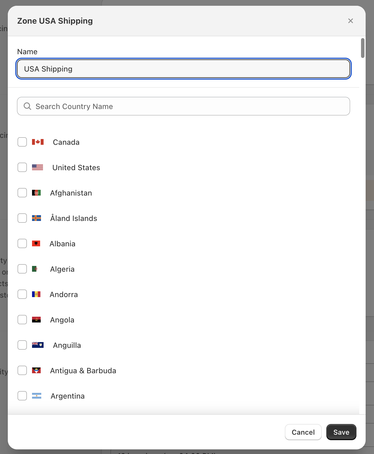 Zone configuration form showing fields for Zone Name and Country selection