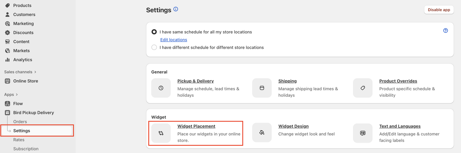 Shows the Bird app navigation menu with Widget Placement option highlighted in the settings section