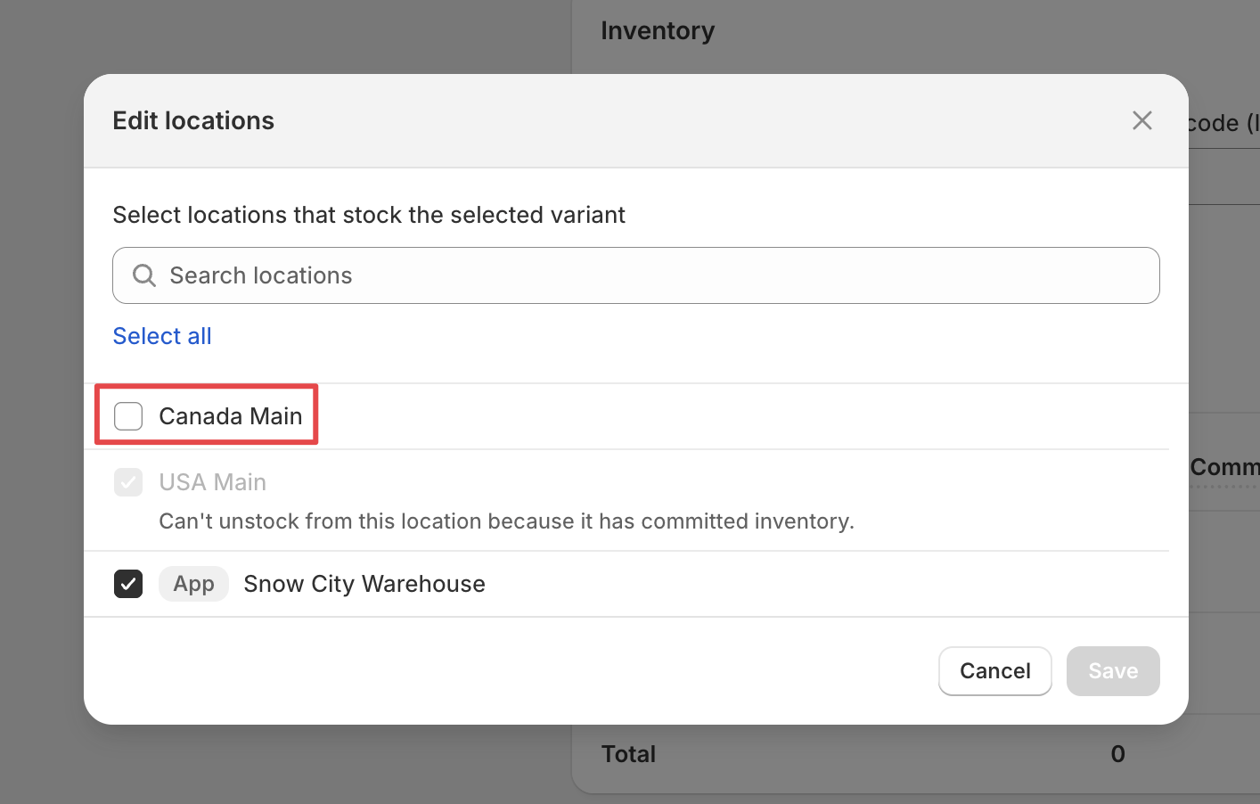 Shows product inventory settings with one location not enabled for the product