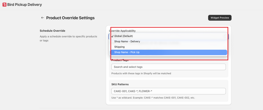Override Applicability dropdown showing Global default, pickup, delivery, and shipping options