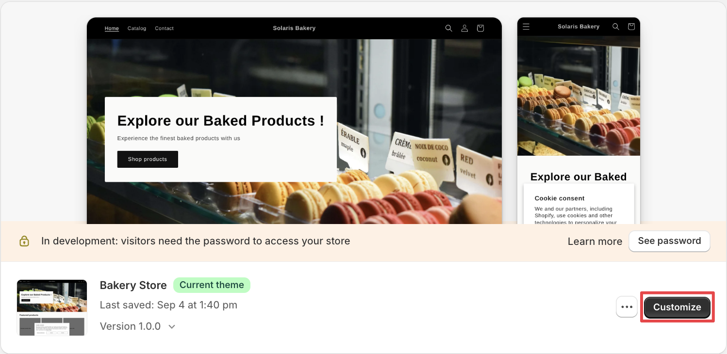 Shows the Shopify theme customization interface where users can access cart settings