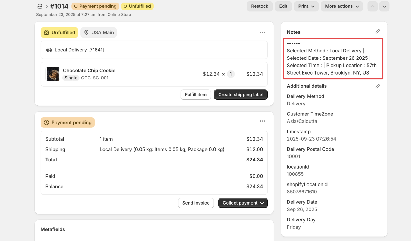 Demonstrating how enabled append date/time to order note setting looks in order note