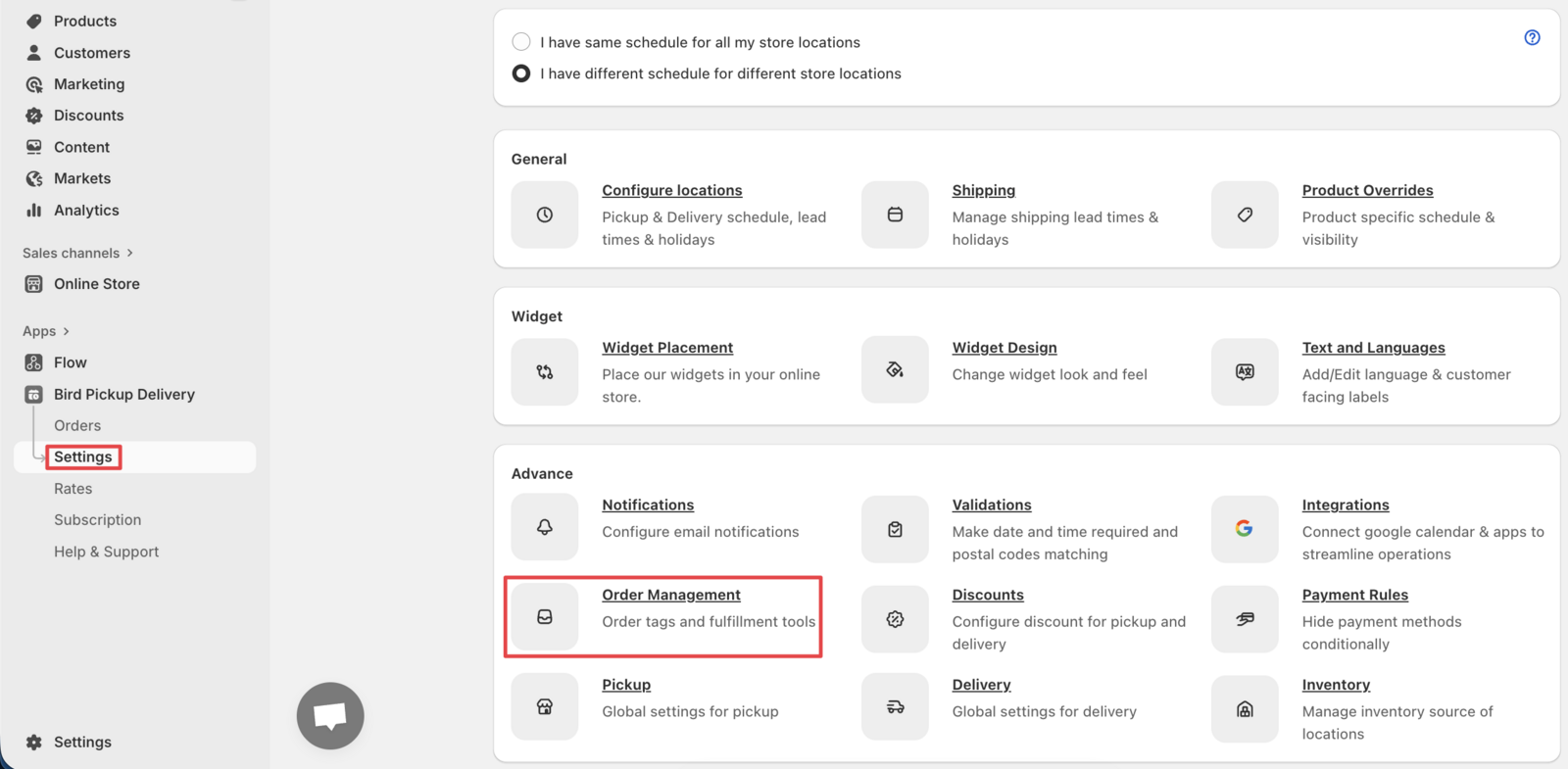 Bird App Settings page showing the Order Management section navigation