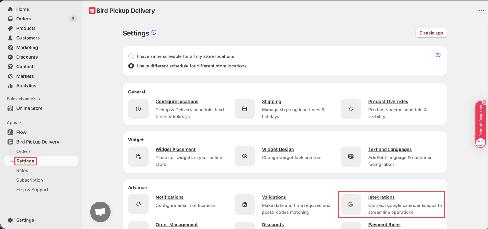 Shows the Bird App settings menu with Integrations section highlighted, leading to Google Calendar option