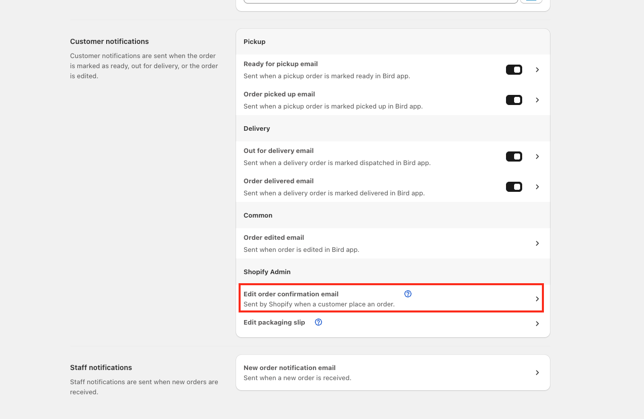 Notifications settings page displaying the "Edit order confirmation email" button that opens the Shopify email template editor