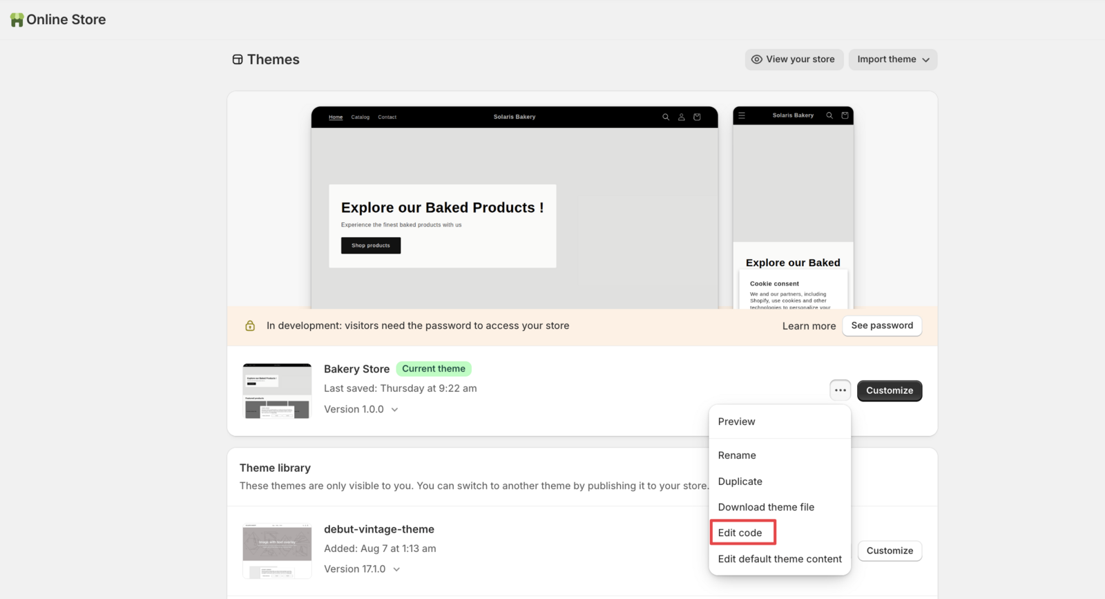 Shows the Edit Code button that opens the theme editor