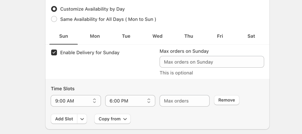 Shows day-specific settings with tabs for each weekday