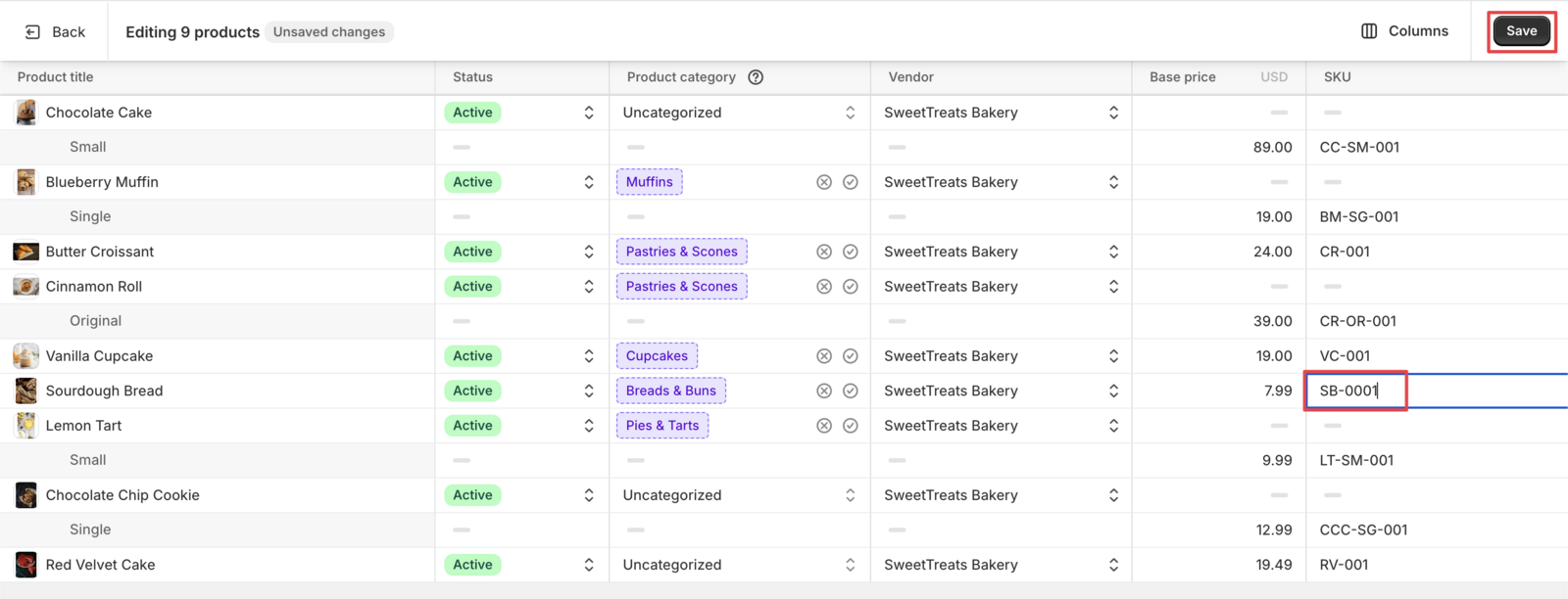 Shows the SKU column being edited and the save button in the bulk editor