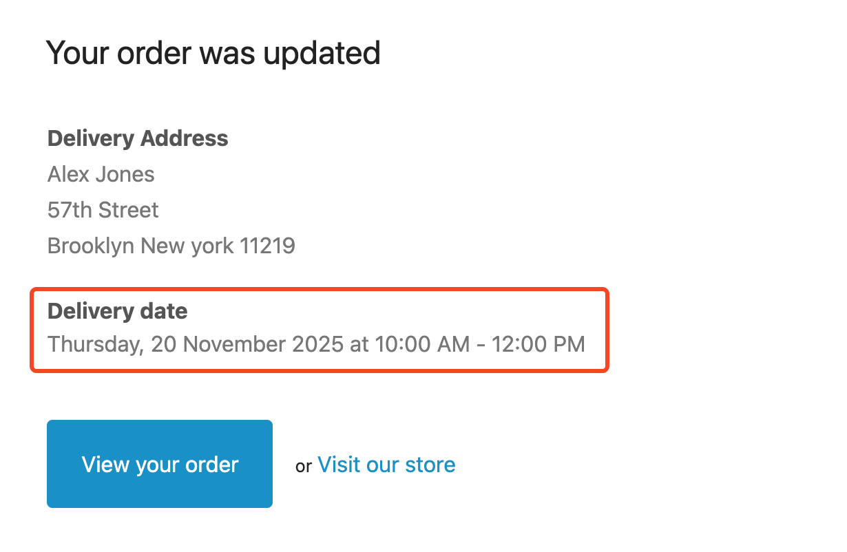 Shows the Order Updated email template that customers receive after order details modifications