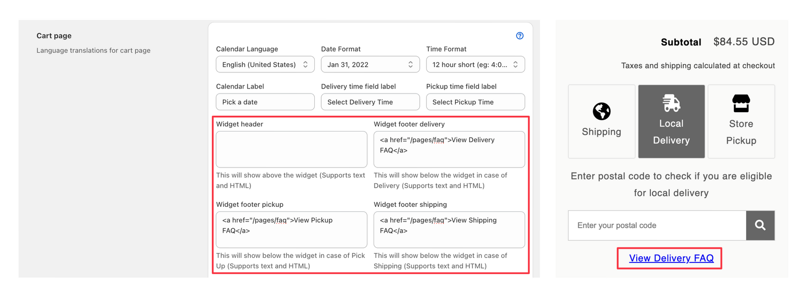 Widget footer configuration area for adding custom HTML links