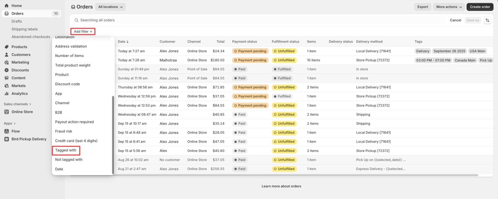 Shows the Shopify orders interface with the Add Filter dropdown menu open, highlighting the Tagged With option