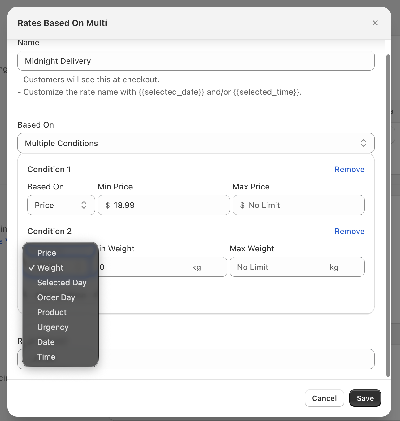 Shows multiple condition rate option