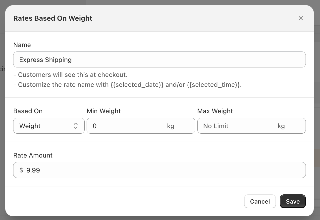 Weight condition configuration showing minimum and maximum order weight fields