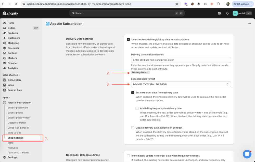 Appstle Delivery Date Settings configuration