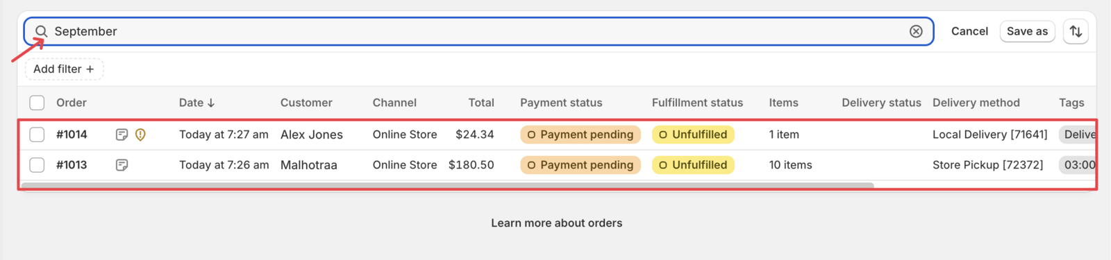 Shows the search box with a month search query entered to filter orders by delivery month