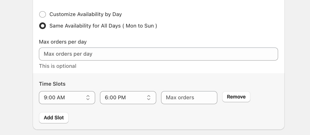 Shows global time slot configuration with add slot button