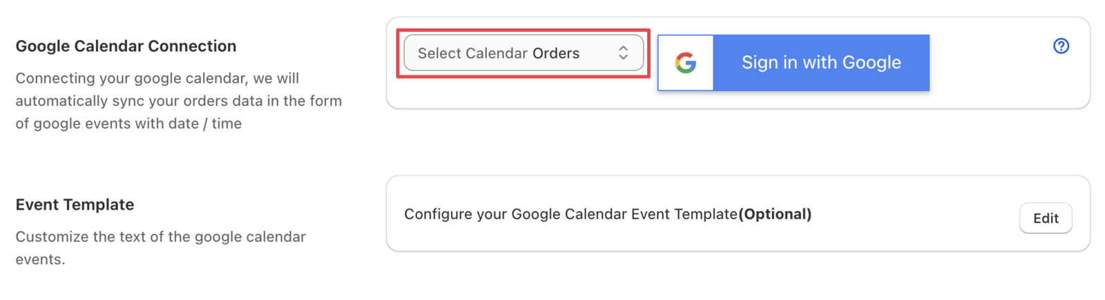 Displays the successful connection confirmation screen showing Google Calendar integration is active