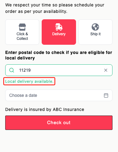 Cart widget on the Local Delivery tab showing "Local delivery available." after a valid postal code is entered