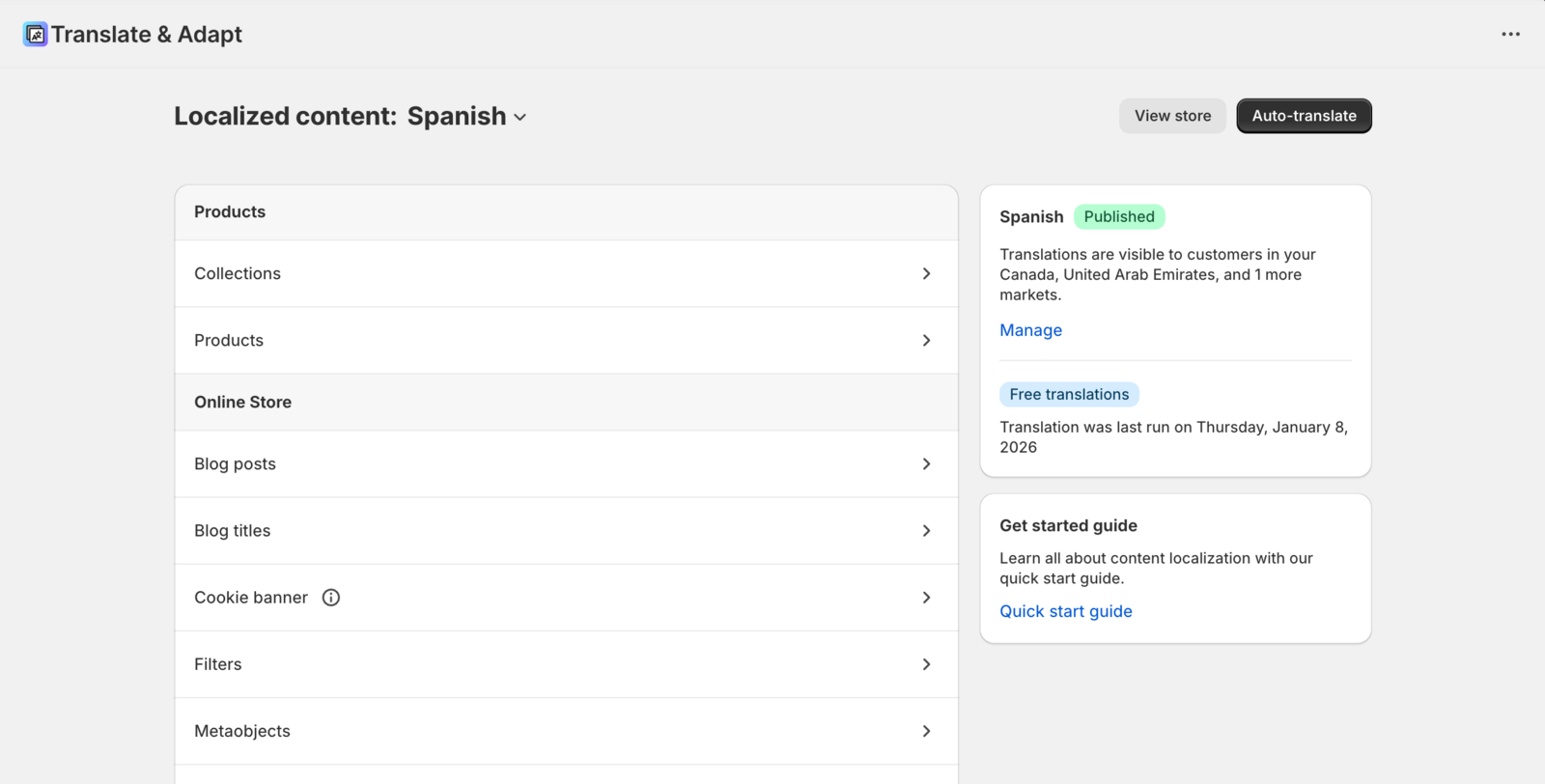 Shopify Translate & Adapt setup screen displaying language configuration options