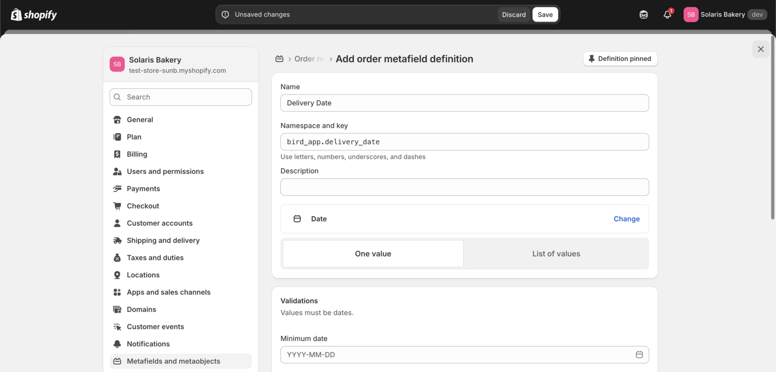 Shopify admin interface for creating a new order metafield with delivery date configuration