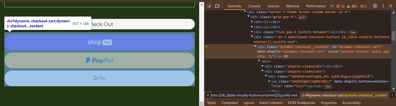 Developer tools showing the HTML structure with dynamic checkout button elements highlighted