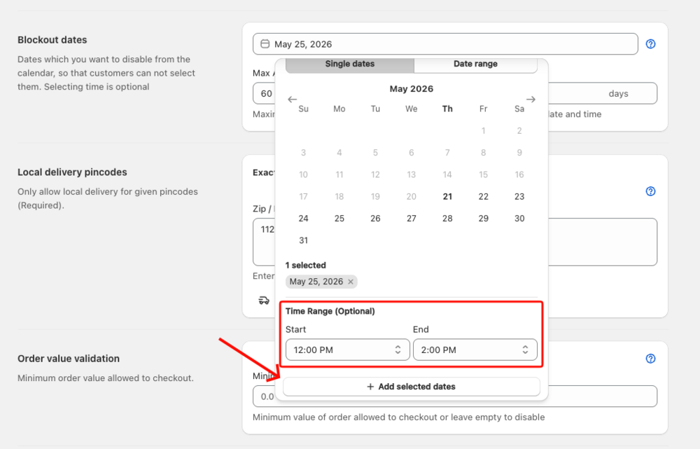 Shows the Time Range (Optional) section inside the date picker with times filled in