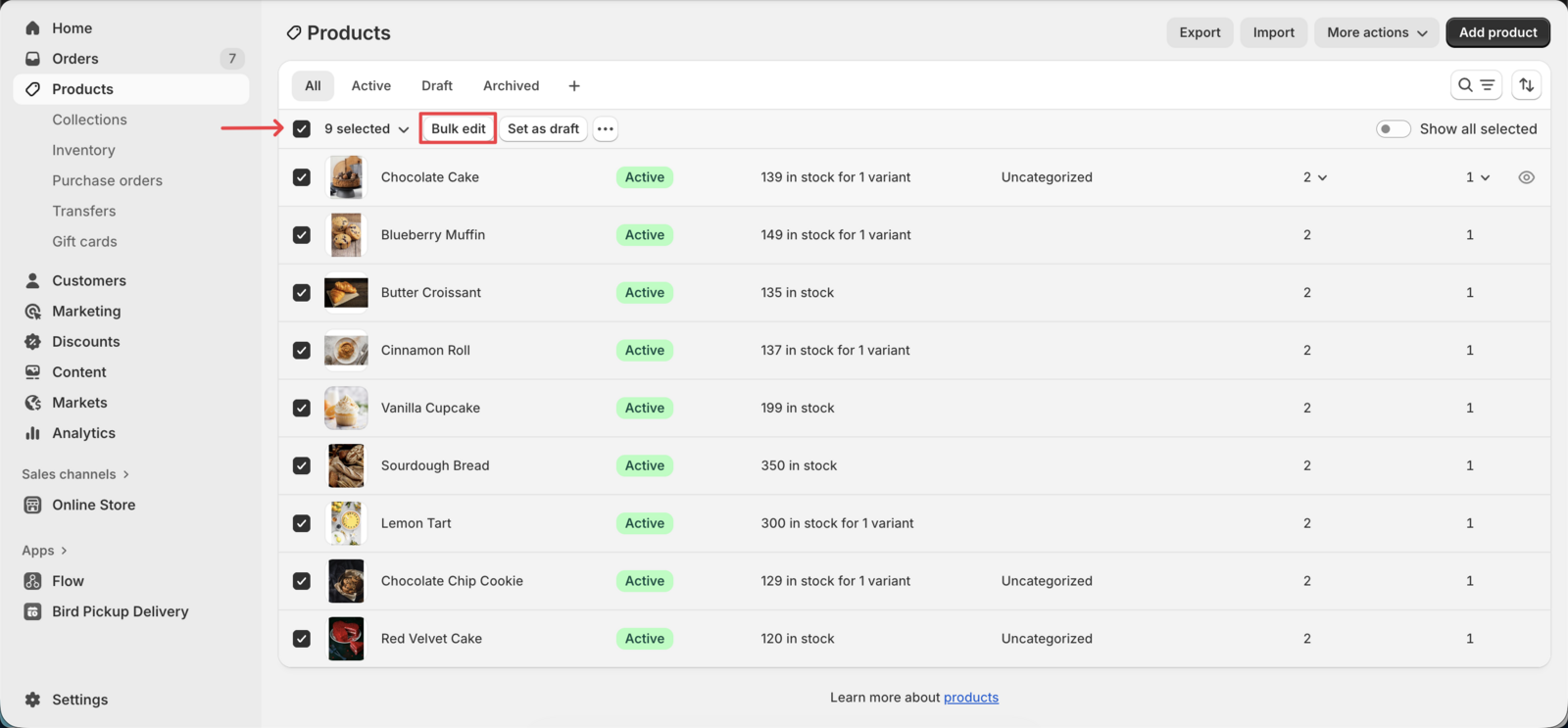 Shopify product list with Bulk Edit highlighted