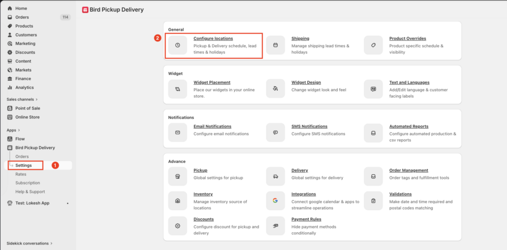Configure Locations menu option highlighted in the Bird App settings navigation