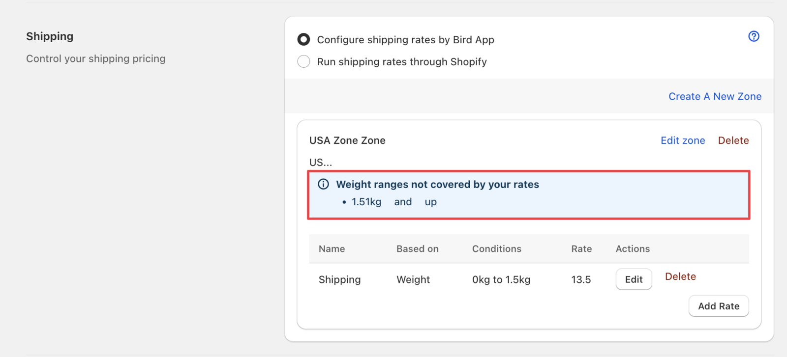 Rate configuration where customer address doesn't meet the set conditions