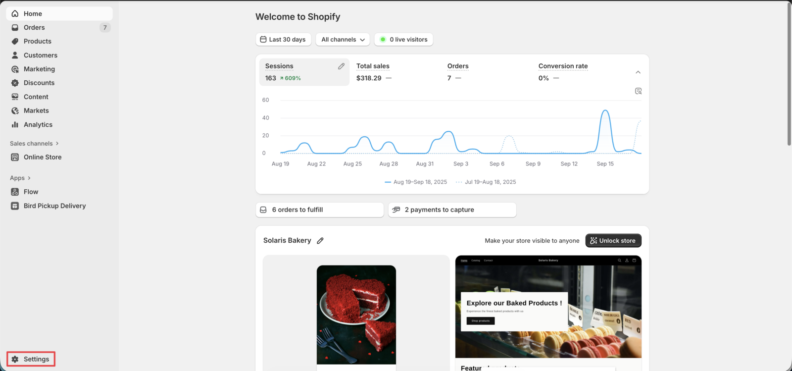 Shows the Shopify admin dashboard with the Settings option highlighted in the left navigation menu