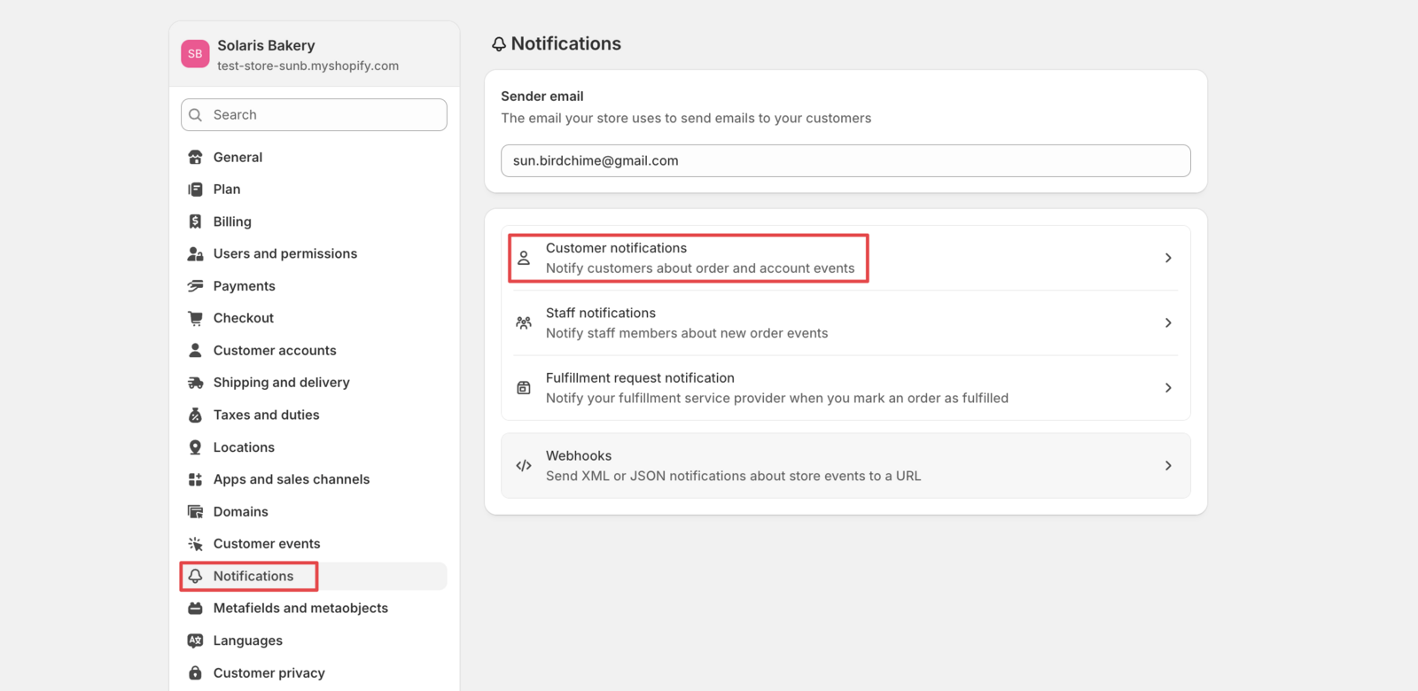 Shopify admin showing the Notifications section with Customer Notifications option
