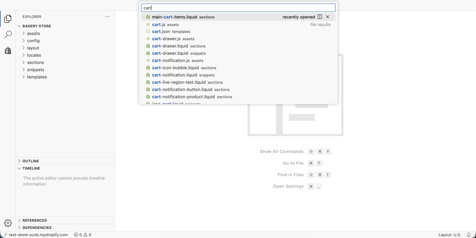 Search results showing cart template files available for editing.