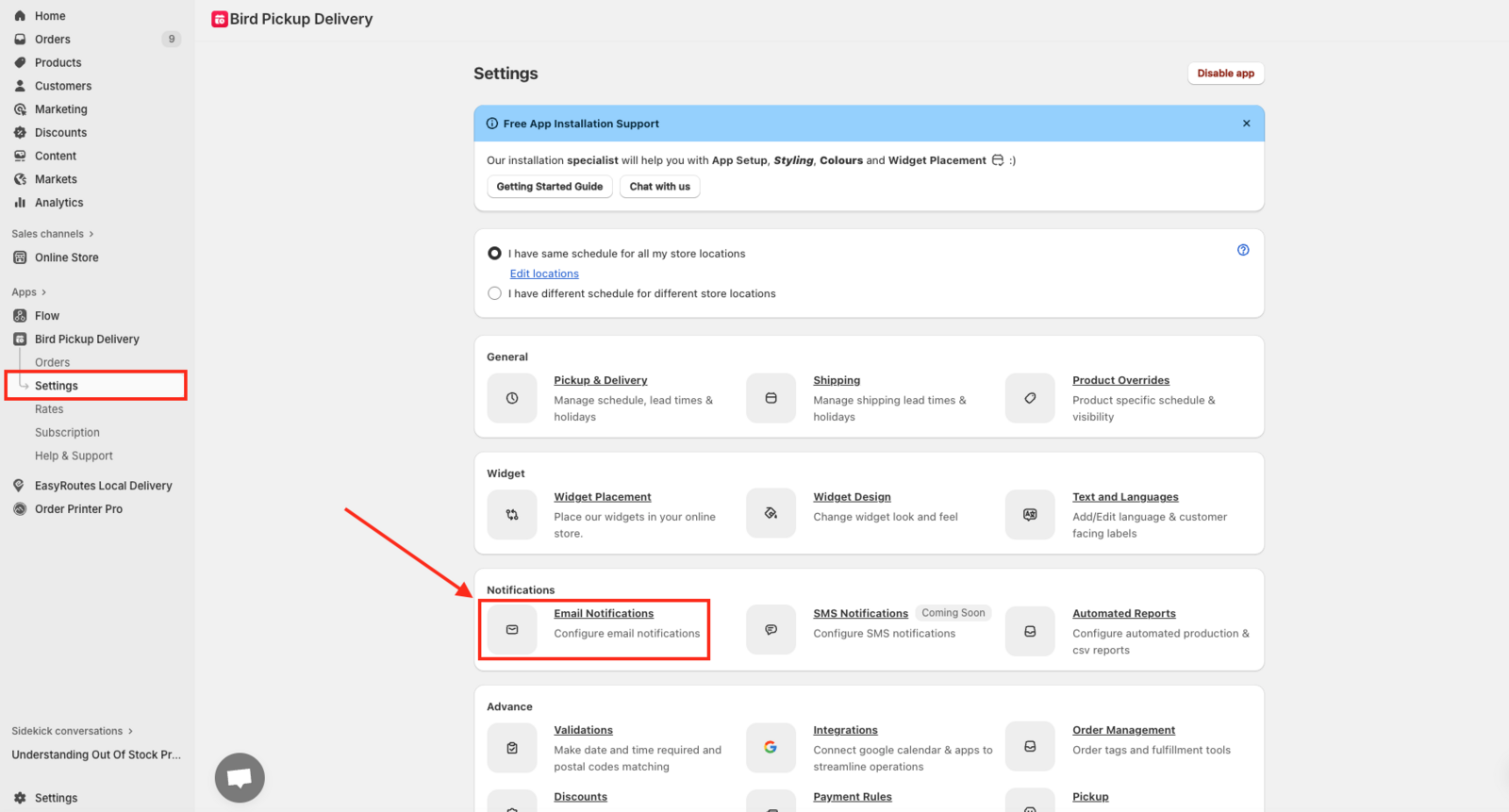 Bird app settings page showing the Notifications menu option highlighted