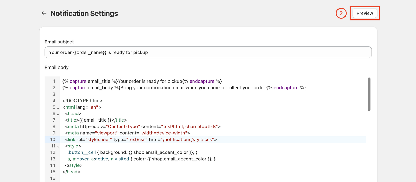Preview button showing how to test email template changes