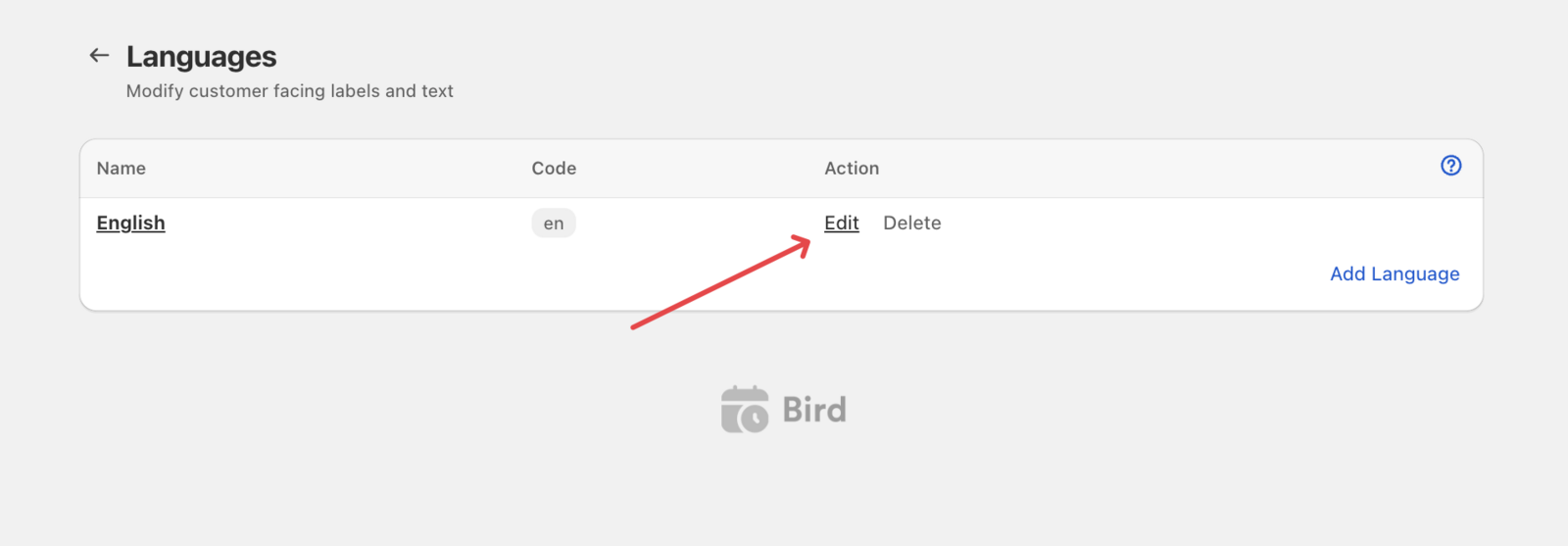Text & Languages section showing the Edit option for customization