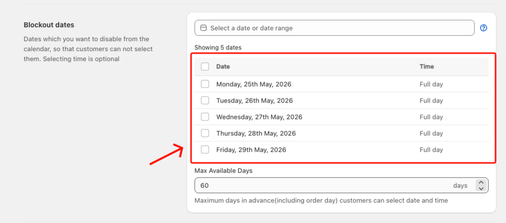 Shows the Blockout Dates section in Local Delivery settings