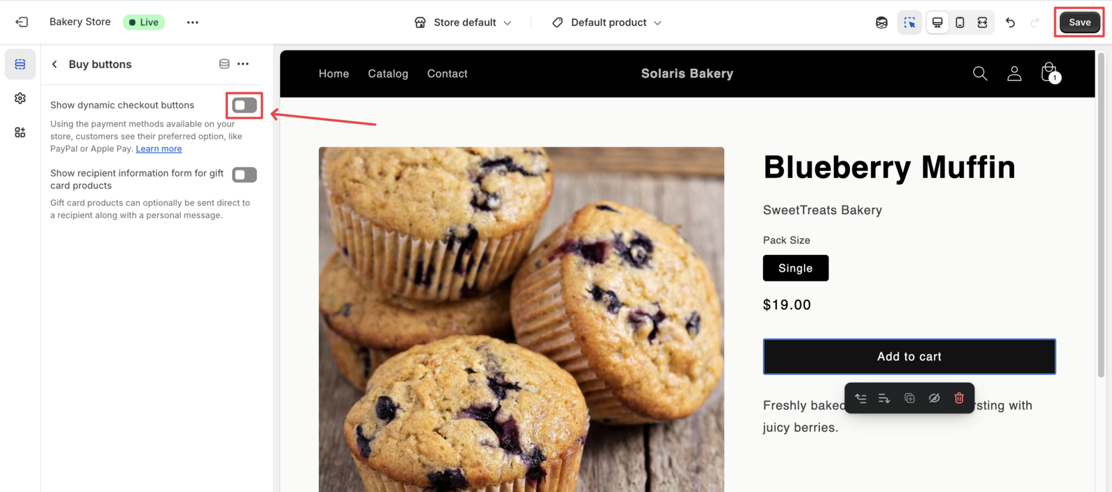 Shows the Shopify theme customizer interface with the dropdown menu open, highlighting where to select Product pages