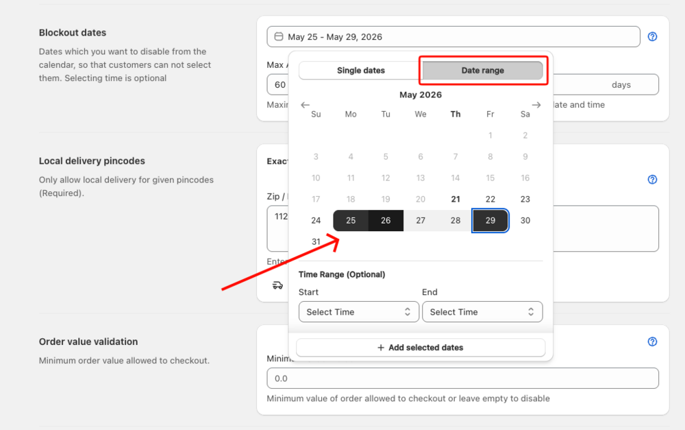 Shows a date range highlighted on the calendar in Date range mode