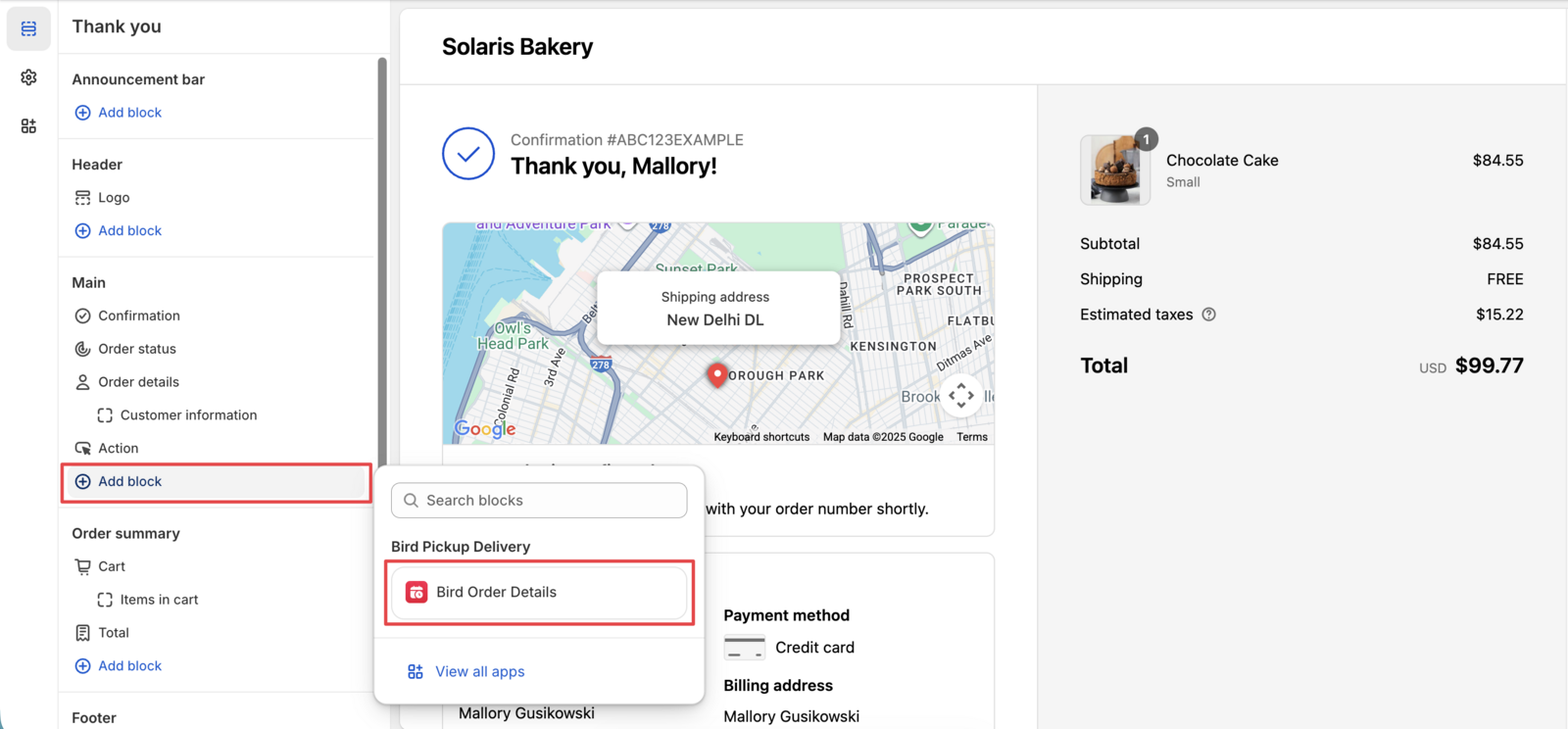 Shows the app block selection interface with Bird Order Details highlighted as the chosen option