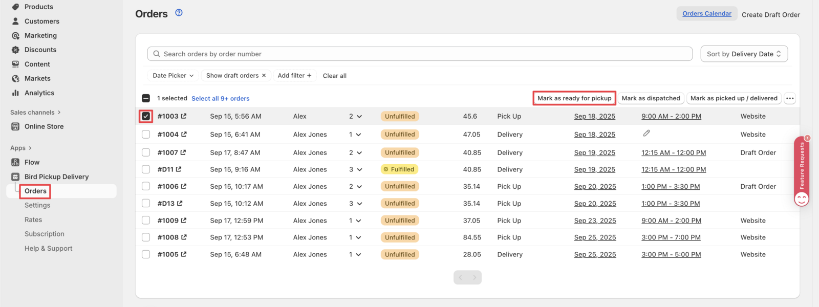 Bird App orders page with order selection and status marking buttons