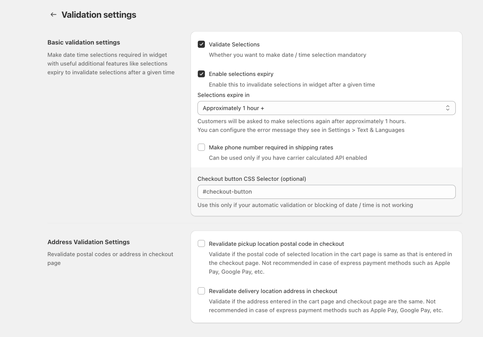 Shows Bird Settings > Validations page