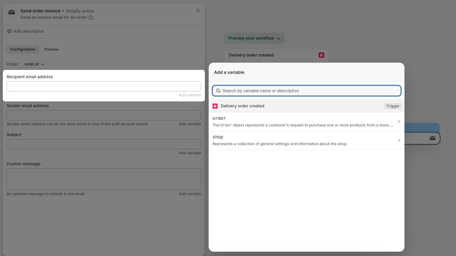 Shopify Flow workflow builder showing the variables available from "Delivery order created" trigger
