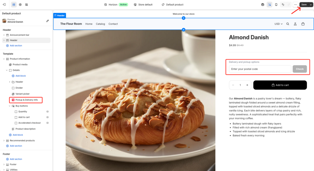 Shopify theme editor showing the Pickup & Delivery Info block positioned on a product page template