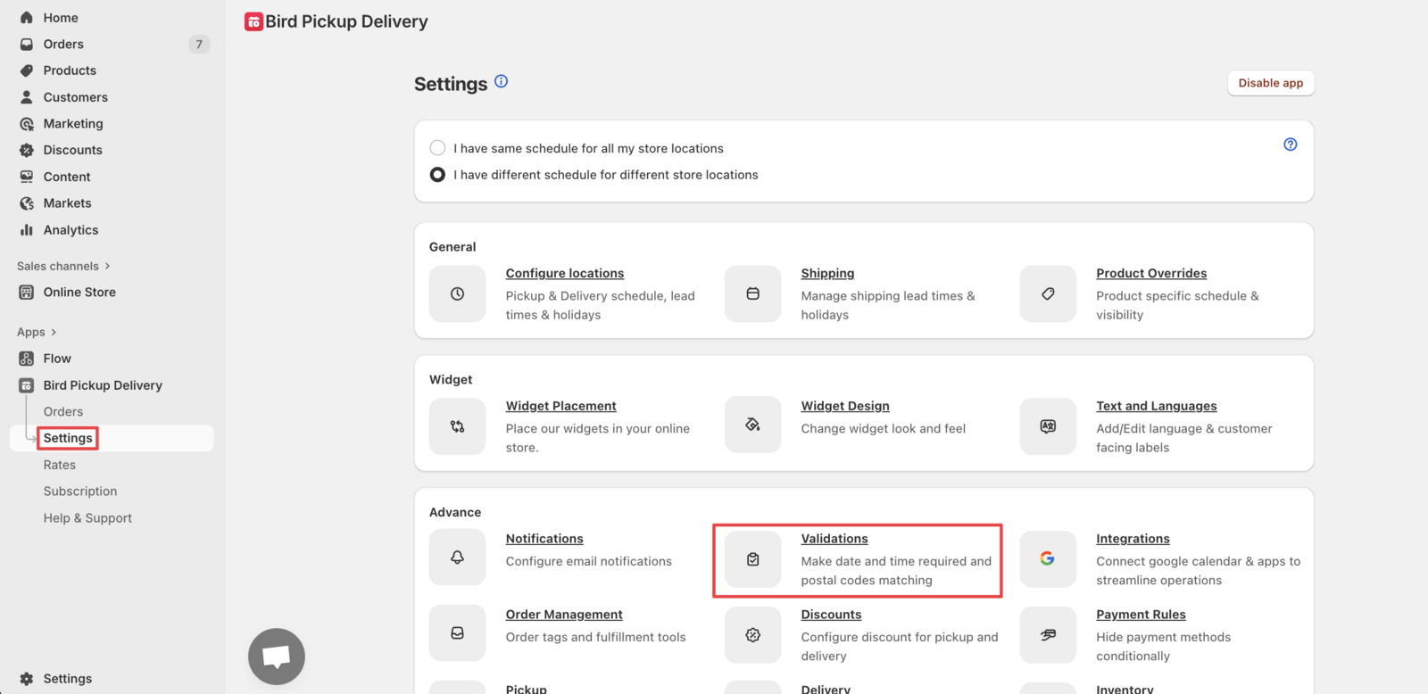 Shows the Bird App validation settings page with the Cart and Checkout Validation section highlighted